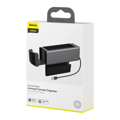 Kup Baseus Deluxe kovový automobilový organizér s držákem na hrnek, 2x USB nabíjení (černý) - BSU1771BLK - {ean13} - Sklep Home Screen