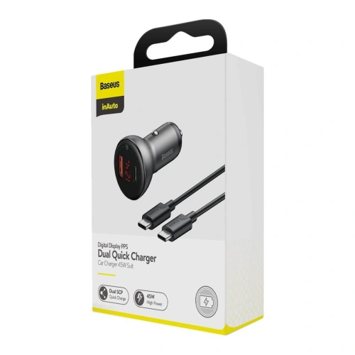 Kup Încărcător auto Baseus Display Digital + cablu USB-C, 2x USB, QC3.0, 45W, 3A (negru) - BSU1787BLK - {ean13} - Sklep Home Screen