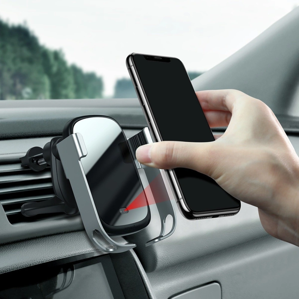 Uchwyt samochodowy do telefonu Baseus Rock-solid ładowarką bezprzewodową 10W (srebrny)