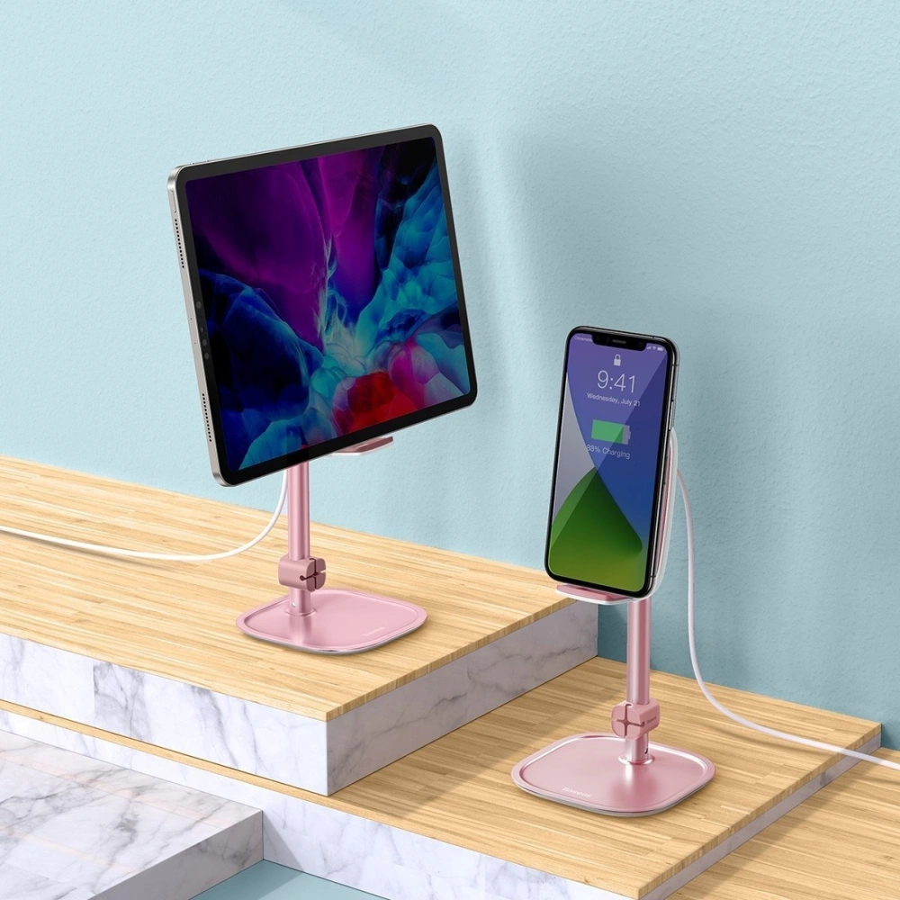 Stojak teleskopowy Baseus z ładowarką bezprzewodową na telefon/tablet (różowy)