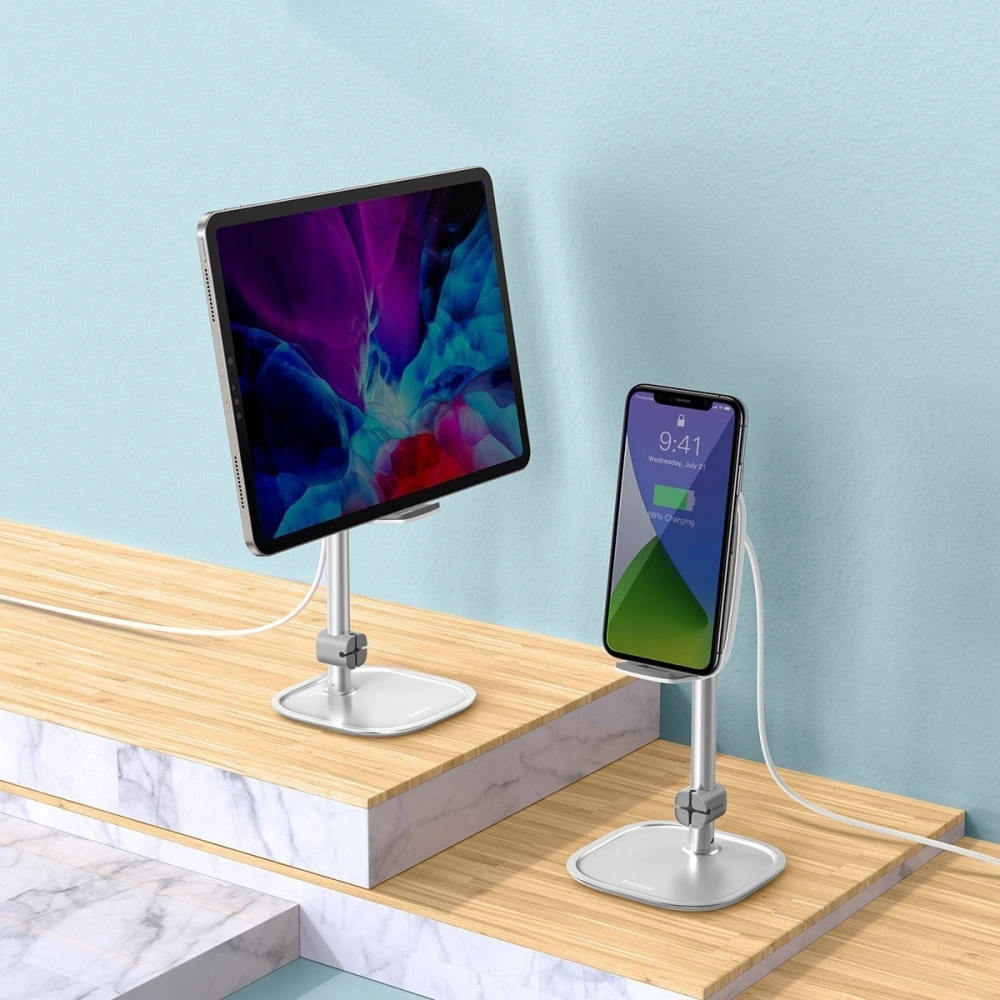 Stojak teleskopowy Baseus z ładowarką bezprzewodową na telefon/tablet (srebrny)