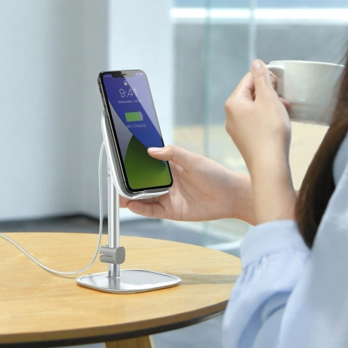 Buy Baseus Literary Youth Desktop Bracket (Telescopic with Wireless Charging) Silver - BSU1829SLV - {ean13} - Home Screen Store Europe