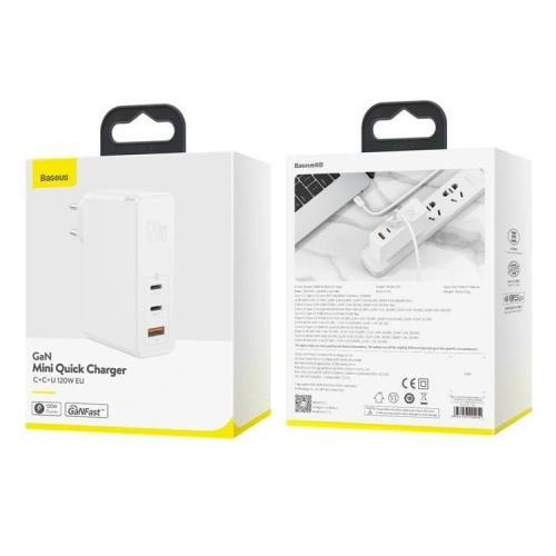 Kup Ładowarka sieciowa Baseus GaN C+C+U, 120W, EU (biała) - BSU1837WHT - {ean13} - Sklep Home Screen