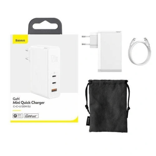 Buy Baseus GaN C+C+U, 120W, EU (white) mains charger - BSU1837WHT - {ean13} - Home Screen Store Europe