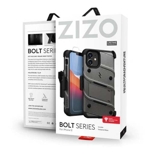 Kup Páncélozott tok Zizo Bolt Cover Apple iPhone 12 mini 9H üveggel a kijelzőn + állvány és övhurok (szürke) - ZIZ047GRY - {ean13} - Sklep Home Screen