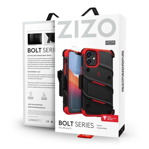 Kup Etui blindat Zizo Bolt Cover Apple iPhone 12 mini cu sticlă 9H pentru ecran + suport și prindere pentru curea (negru/roșu) - ZIZ048BLKRED - {ean13} - Sklep Home Screen
