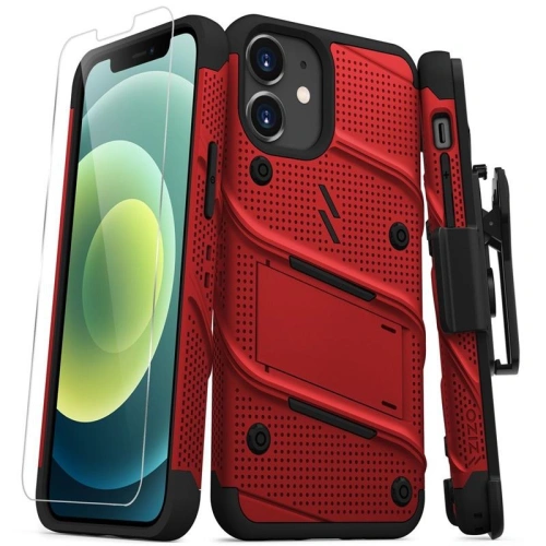 Kup Pancierové pouzdro Zizo Bolt Cover Apple iPhone 12 mini se sklem 9H na displej + stojánek & držák na pásek (červená/černá) - ZIZ049REDBLK - {ean13} - Sklep Home Screen