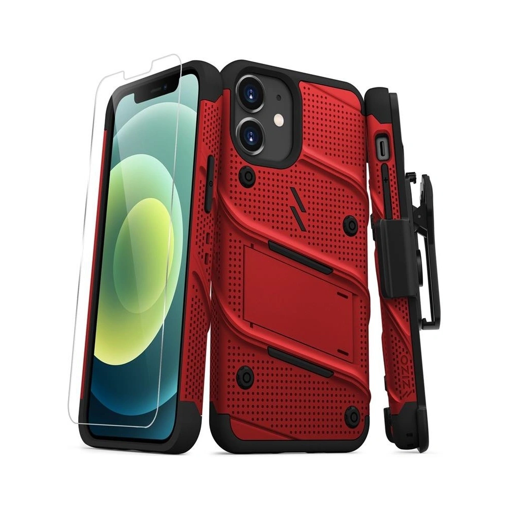 Pancerne etui Zizo Bolt Cover Apple iPhone 12 mini ze szkłem 9H na ekran + podstawka & uchwyt do paska (czerwony/czarny)