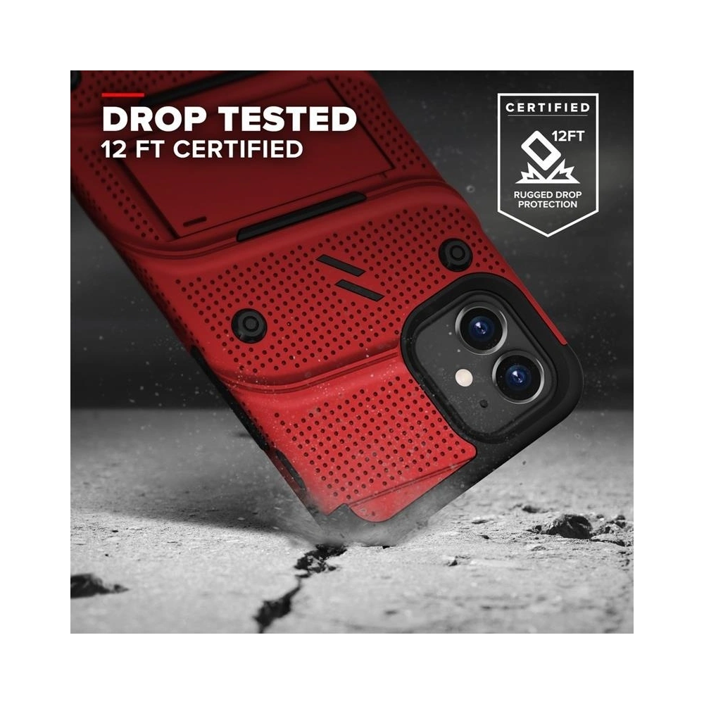 Pancerne etui Zizo Bolt Cover Apple iPhone 12 mini ze szkłem 9H na ekran + podstawka & uchwyt do paska (czerwony/czarny)