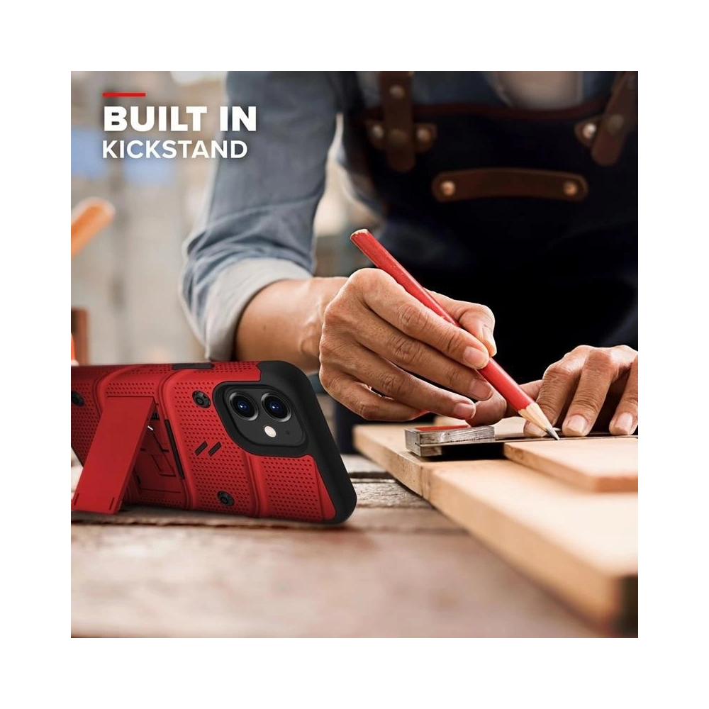 Pancerne etui Zizo Bolt Cover Apple iPhone 12 mini ze szkłem 9H na ekran + podstawka & uchwyt do paska (czerwony/czarny)