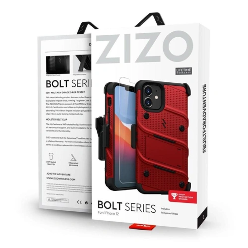 Kup Pancierové pouzdro Zizo Bolt Cover Apple iPhone 12 mini se sklem 9H na displej + stojánek & držák na pásek (červená/černá) - ZIZ049REDBLK - {ean13} - Sklep Home Screen