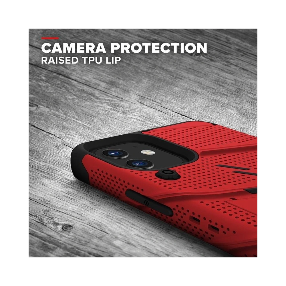 Pancerne etui Zizo Bolt Cover Apple iPhone 12 mini ze szkłem 9H na ekran + podstawka & uchwyt do paska (czerwony/czarny)