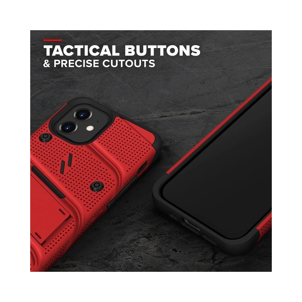 Pancerne etui Zizo Bolt Cover Apple iPhone 12 mini ze szkłem 9H na ekran + podstawka & uchwyt do paska (czerwony/czarny)