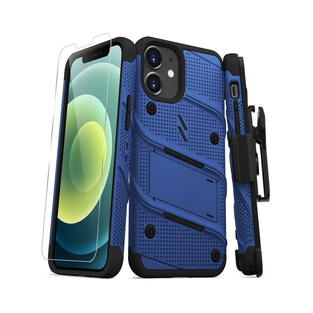 Pancerne etui Zizo Bolt Cover Apple iPhone 12 mini ze szkłem 9H na ekran + podstawka & uchwyt do paska (niebieski/czarny)