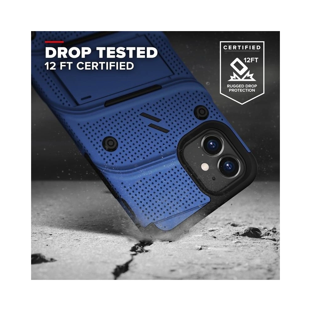 Pancerne etui Zizo Bolt Cover Apple iPhone 12 mini ze szkłem 9H na ekran + podstawka & uchwyt do paska (niebieski/czarny)