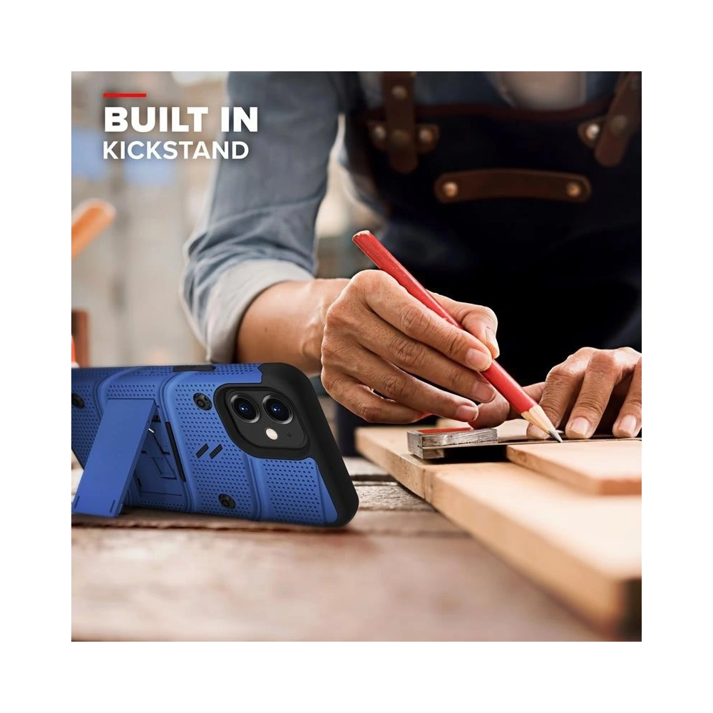 Pancerne etui Zizo Bolt Cover Apple iPhone 12 mini ze szkłem 9H na ekran + podstawka & uchwyt do paska (niebieski/czarny)