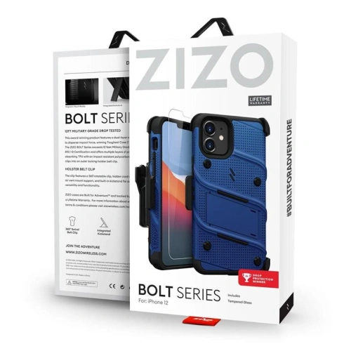 Kup Pancerne etui Zizo Bolt Cover Apple iPhone 12 mini ze szkłem 9H na ekran + podstawka & uchwyt do paska (niebieski/czarny) - ZIZ050BLUBLK - {ean13} - Sklep Home Screen