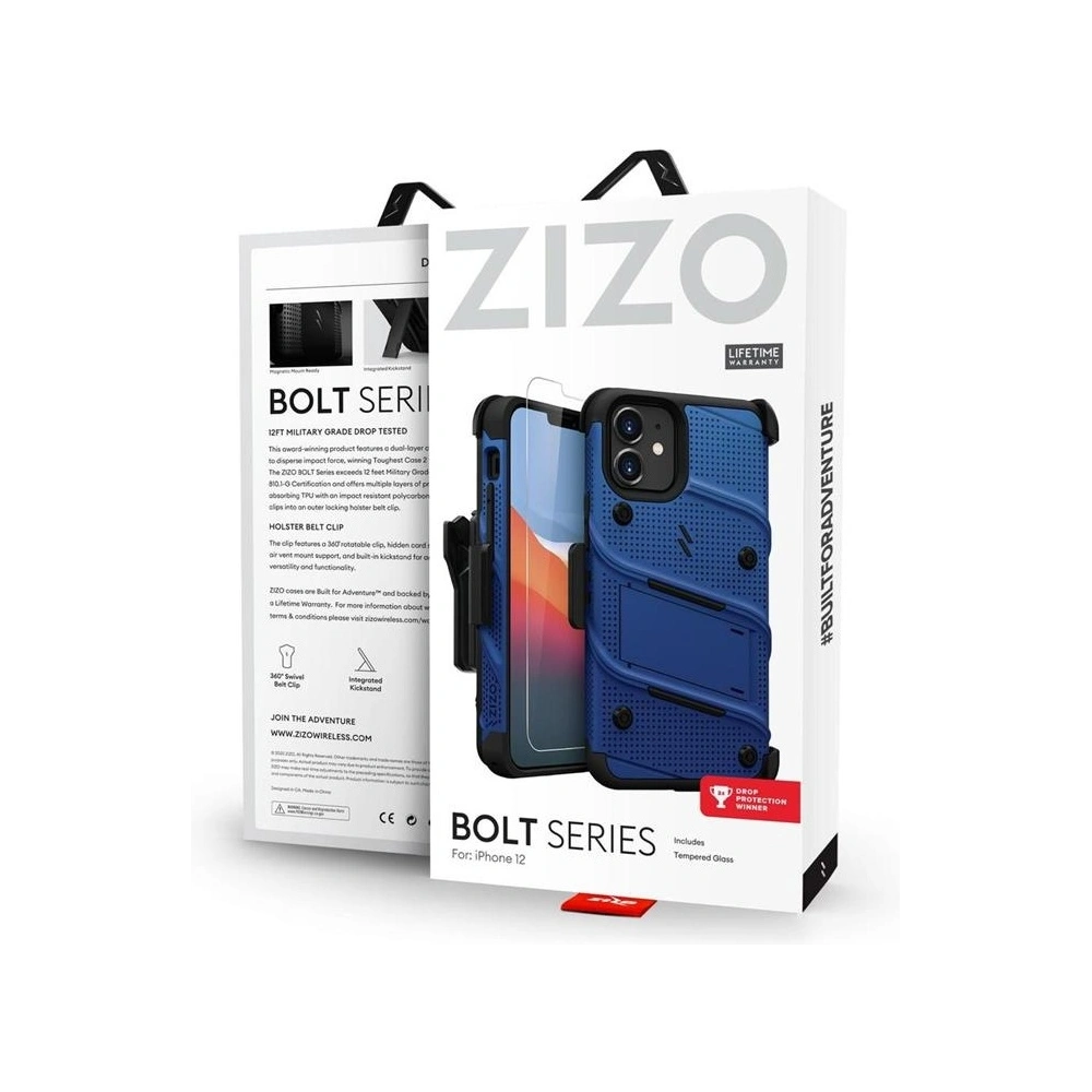 Pancerne etui Zizo Bolt Cover Apple iPhone 12 mini ze szkłem 9H na ekran + podstawka & uchwyt do paska (niebieski/czarny)