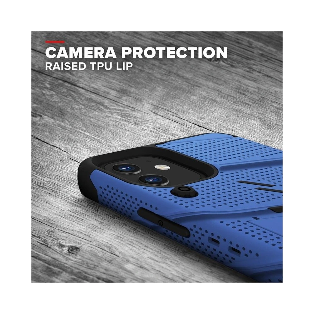 Pancerne etui Zizo Bolt Cover Apple iPhone 12 mini ze szkłem 9H na ekran + podstawka & uchwyt do paska (niebieski/czarny)