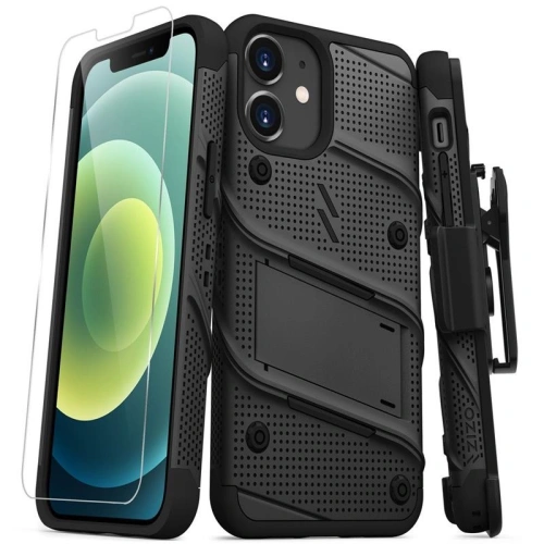 Kup Pancéřové pouzdro Zizo Bolt Cover Apple iPhone 12 mini se sklem 9H na displej + stojánek a držák na pásek (černé) - ZIZ051BLK - {ean13} - Sklep Home Screen