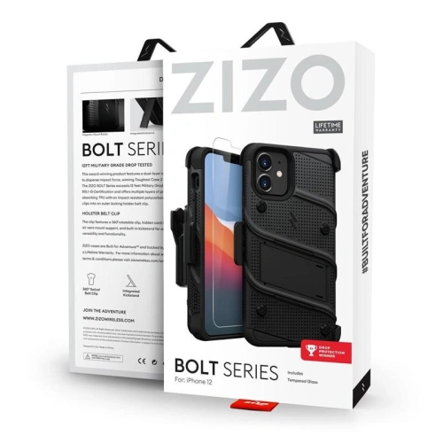 Kup Pancéřové pouzdro Zizo Bolt Cover Apple iPhone 12 mini se sklem 9H na displej + stojánek a držák na pásek (černé) - ZIZ051BLK - {ean13} - Sklep Home Screen