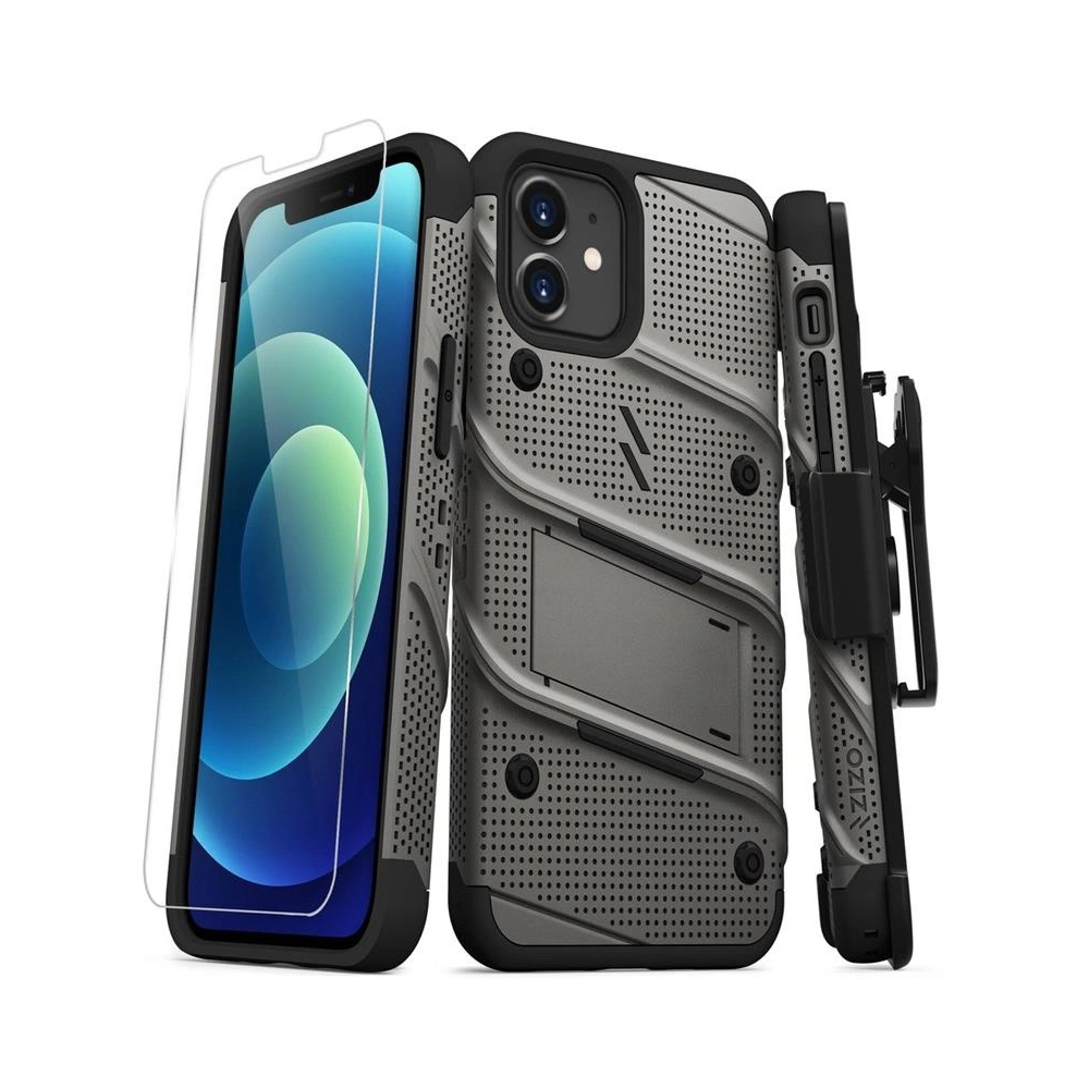 Pancerne etui Zizo Bolt Cover Apple iPhone 12/12 Pro ze szkłem 9H na ekran + podstawka & uchwyt do paska (szary)