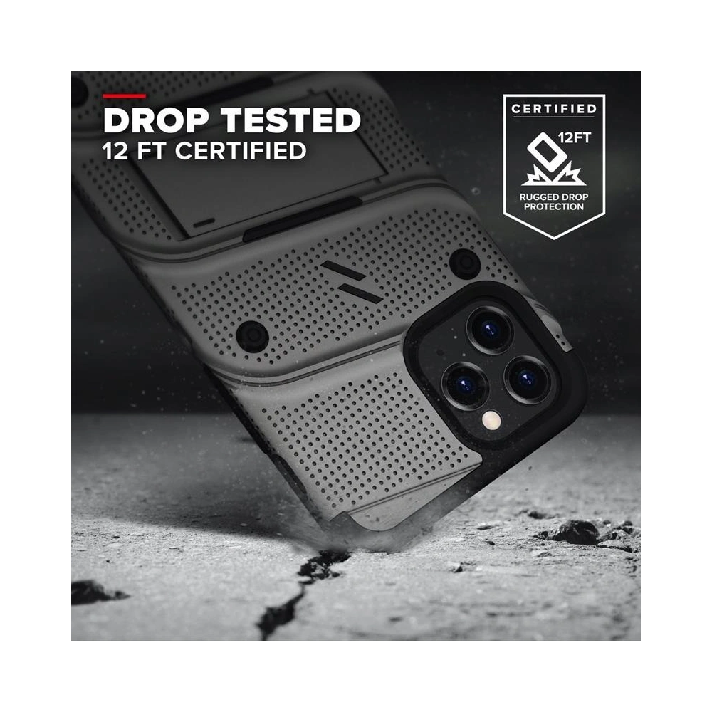 Pancerne etui Zizo Bolt Cover Apple iPhone 12/12 Pro ze szkłem 9H na ekran + podstawka & uchwyt do paska (szary)