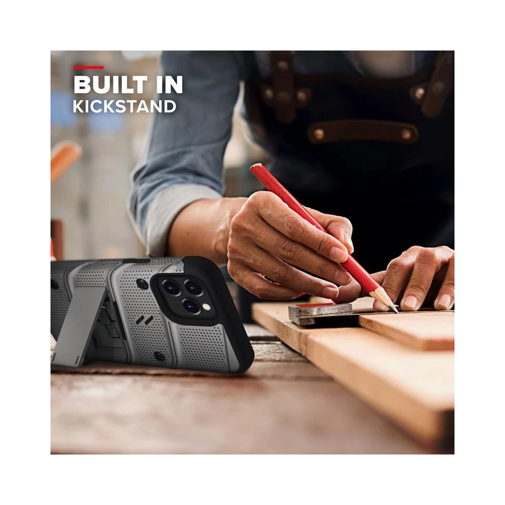 Pancerne etui Zizo Bolt Cover Apple iPhone 12/12 Pro ze szkłem 9H na ekran + podstawka & uchwyt do paska (szary)