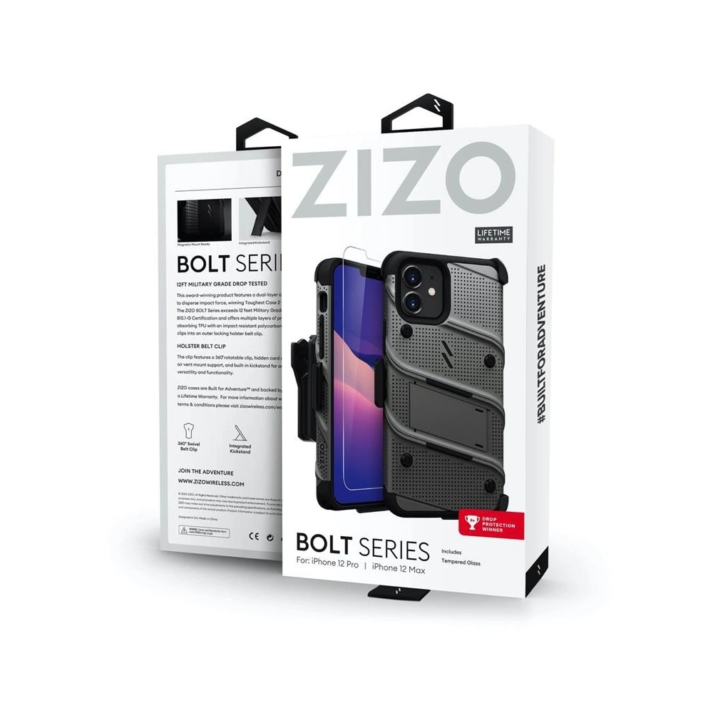 Pancerne etui Zizo Bolt Cover Apple iPhone 12/12 Pro ze szkłem 9H na ekran + podstawka & uchwyt do paska (szary)