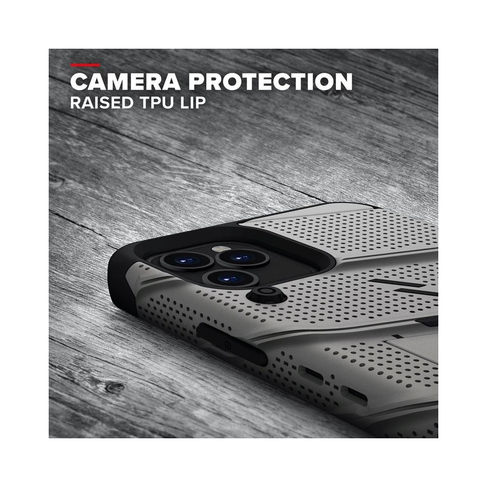 Pancerne etui Zizo Bolt Cover Apple iPhone 12/12 Pro ze szkłem 9H na ekran + podstawka & uchwyt do paska (szary)