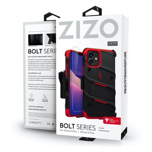 Kup Pachet etui Zizo Bolt pentru Apple iPhone 12/12 Pro cu sticlă 9H pe ecran + suport și prindere pentru curea (negru/roșu) - ZIZ053BLKRED - {ean13} - Sklep Home Screen