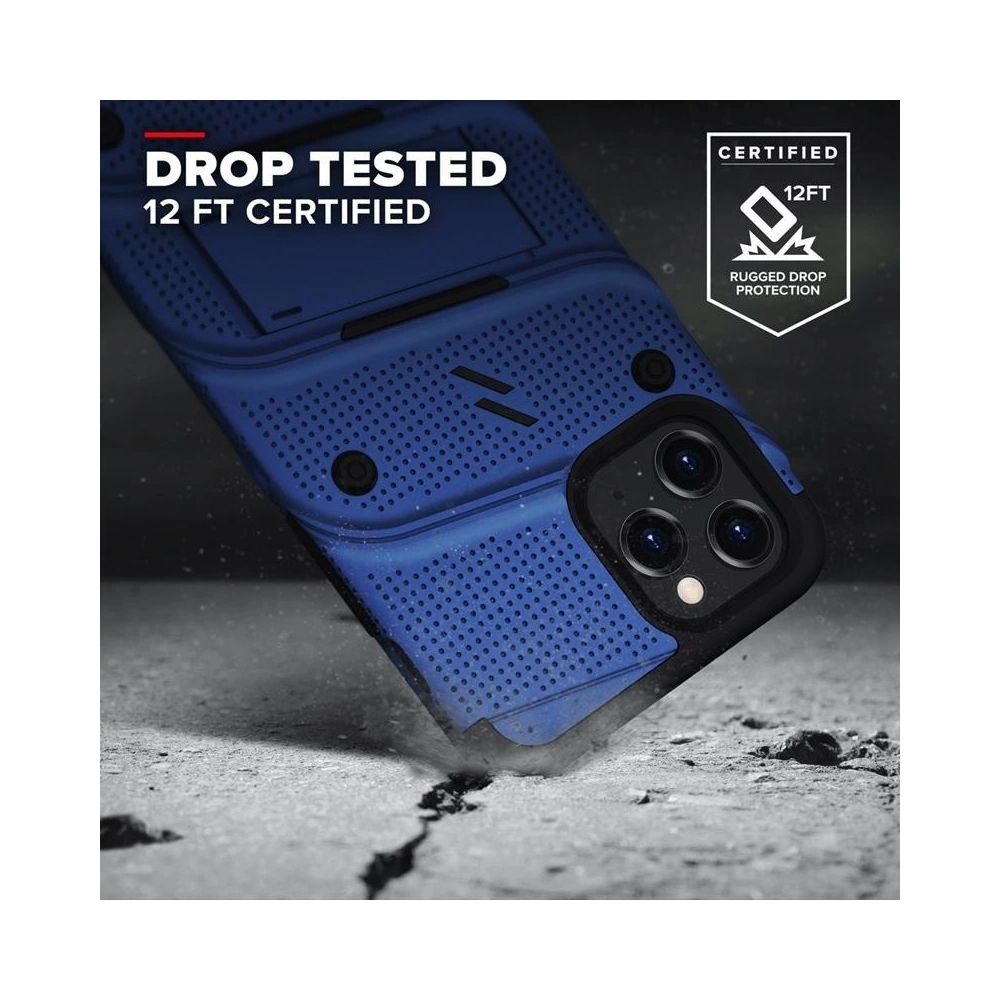 Pancerne etui Zizo Bolt Cover Apple iPhone 12/12 Pro ze szkłem 9H na ekran + podstawka & uchwyt do paska (niebieski/czarny)