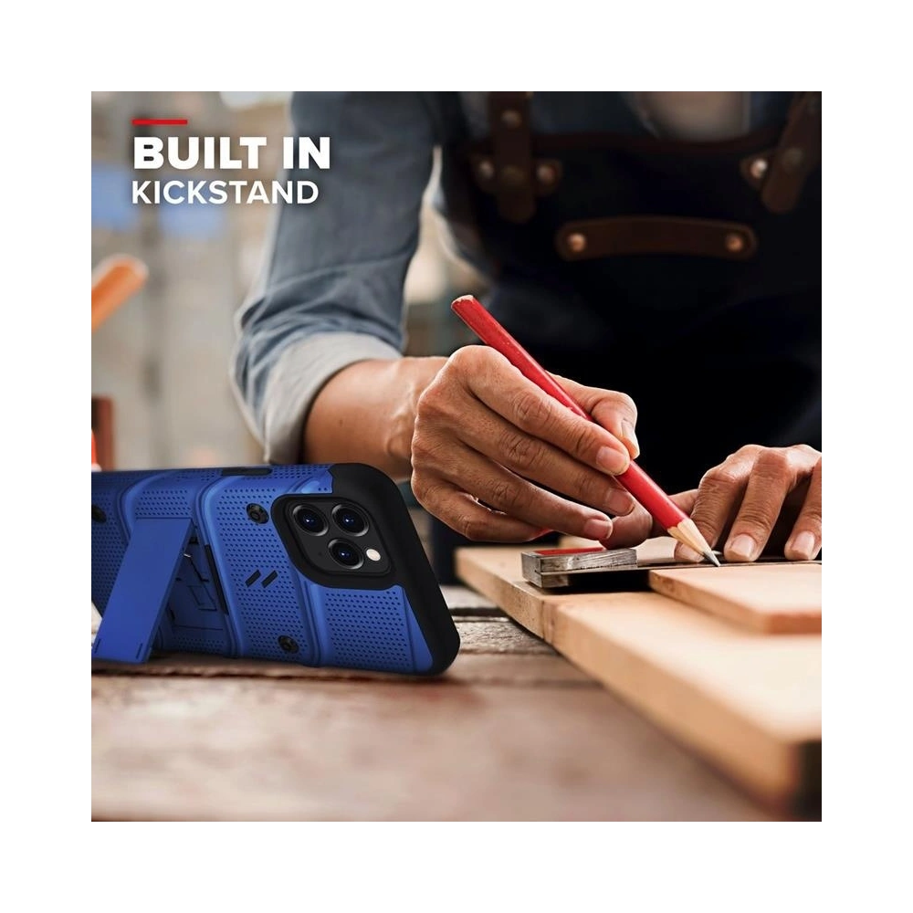 Pancerne etui Zizo Bolt Cover Apple iPhone 12/12 Pro ze szkłem 9H na ekran + podstawka & uchwyt do paska (niebieski/czarny)