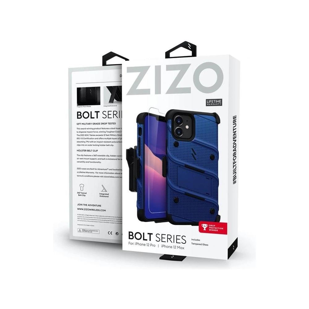 Pancerne etui Zizo Bolt Cover Apple iPhone 12/12 Pro ze szkłem 9H na ekran + podstawka & uchwyt do paska (niebieski/czarny)