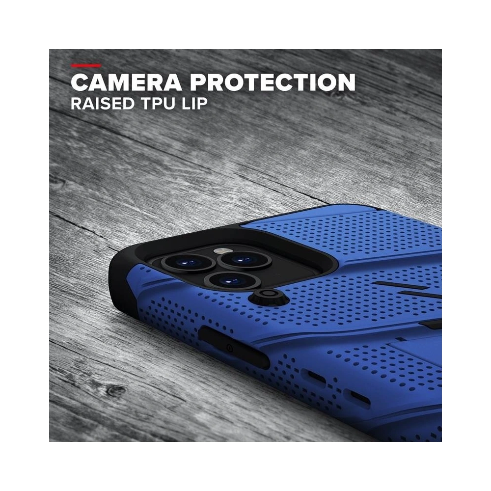 Pancerne etui Zizo Bolt Cover Apple iPhone 12/12 Pro ze szkłem 9H na ekran + podstawka & uchwyt do paska (niebieski/czarny)