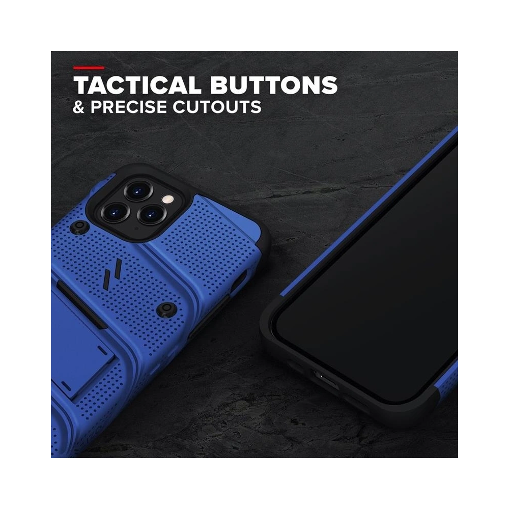 Pancerne etui Zizo Bolt Cover Apple iPhone 12/12 Pro ze szkłem 9H na ekran + podstawka & uchwyt do paska (niebieski/czarny)