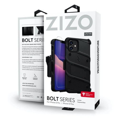Kup Husă de protecție Zizo Bolt pentru Apple iPhone 12/12 Pro cu sticlă 9H pentru ecran + suport și prindere pentru curea (negru) - ZIZ055BLK - {ean13} - Sklep Home Screen