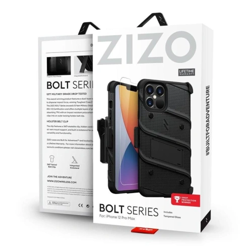 Kup Etui din plastic Zizo Bolt Cover Apple iPhone 12 Pro Max cu sticlă 9H pentru ecran + suport & prindere pentru curea (negru) - ZIZ056BLK - {ean13} - Sklep Home Screen