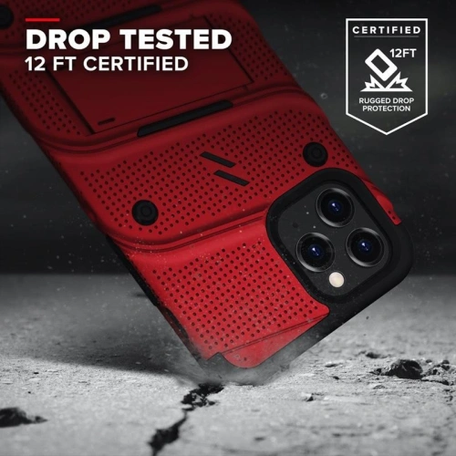 Kup Pancerne etui Zizo Bolt Cover Apple iPhone 12/12 Pro ze szkłem 9H na ekran + podstawka & uchwyt do paska (czerwony/czarny) - ZIZ057REDBLK - {ean13} - Sklep Home Screen