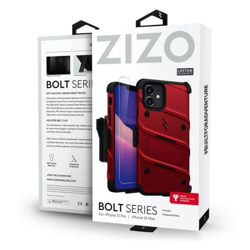 Kup Páncél tok Zizo Bolt Cover Apple iPhone 12/12 Pro 9H üveggel a kijelzőn + állvány & övcsat (piros/fekete) - ZIZ057REDBLK - {ean13} - Sklep Home Screen