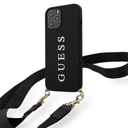 Kup Etui Guess GUHCP12MPUSTCRBK Apple iPhone 12/12 Pro černé/hardcase silikon s potiskem loga a popruhem - GUE746BLK - {ean13} - Sklep Home Screen