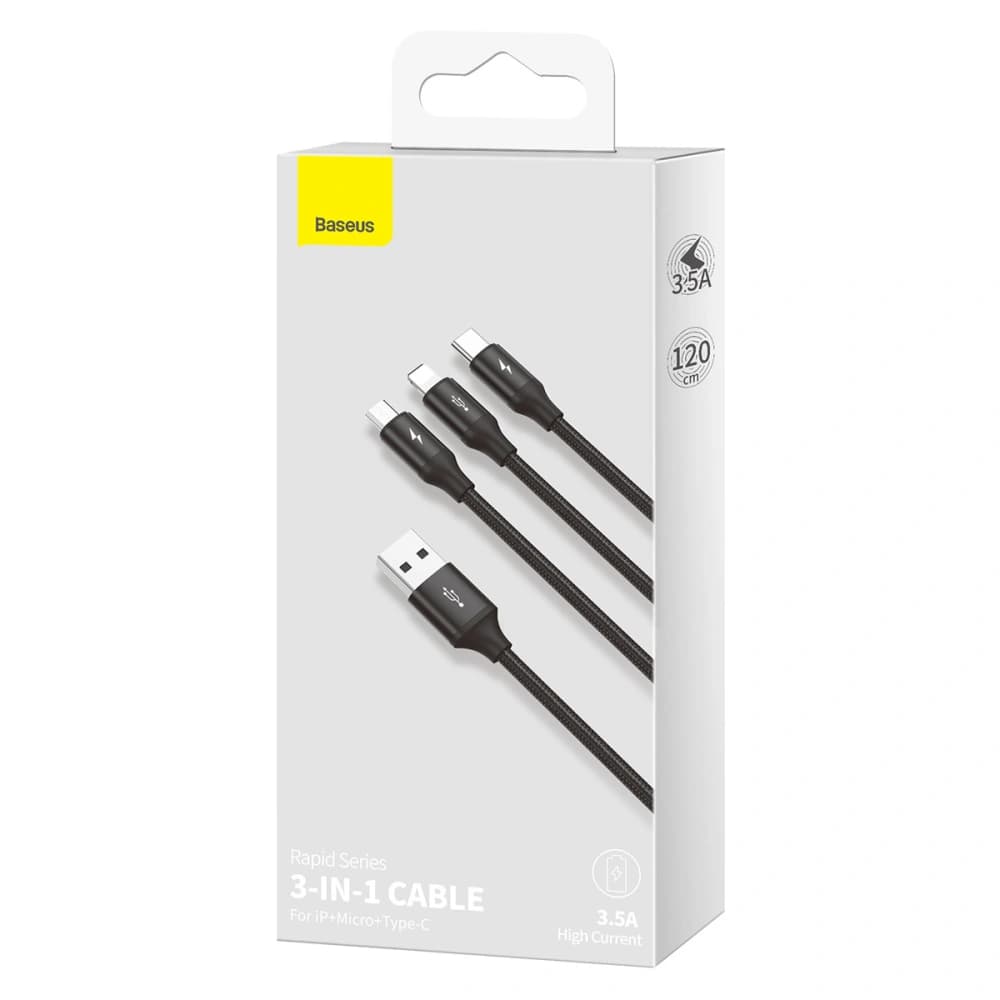 USB cable 3in1 Baseus Rapid Series, USB to micro USB / USB-C / Lightning, 3.5A, 1.2m (Black) - 10