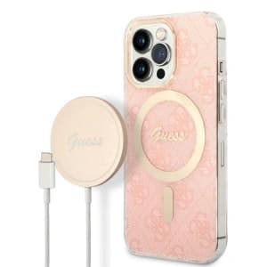 Set Guess Case + kabelloses Ladegerät GUBPP13LH4EACSP für Apple iPhone 13 Pro rosa/pink Hardcase 4G Print MagSafe