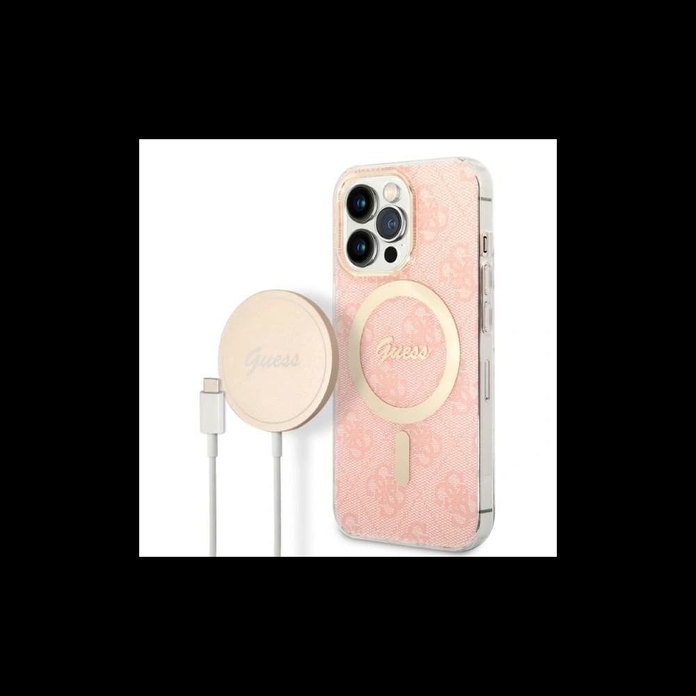 Guess GUBPP13LH4EACSP Case + Wireless Charger Apple iPhone 13 Pro pink hard case 4G Print MagSafe - 1