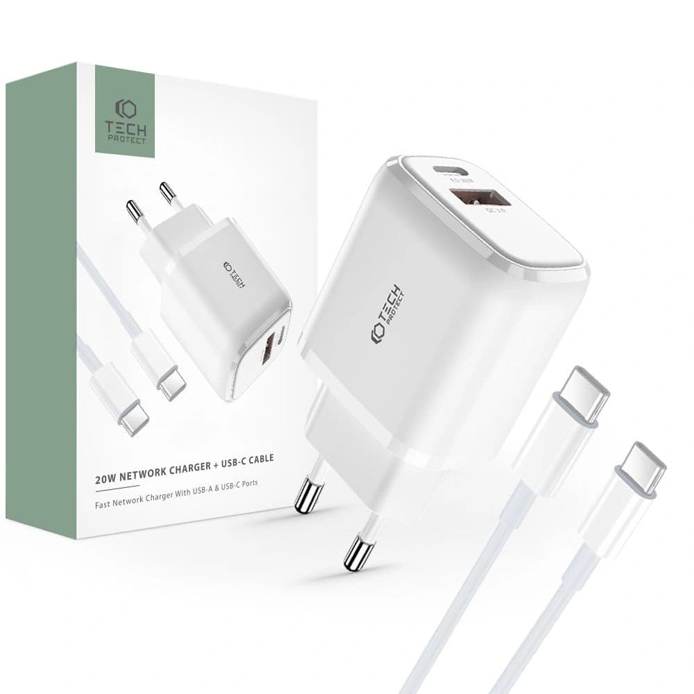 Netzteil Tech-Protect C20W 2-Port Netzwerk-Ladegerät PD 20W QC 3.0 + USB-C Kabel Weiß - 1