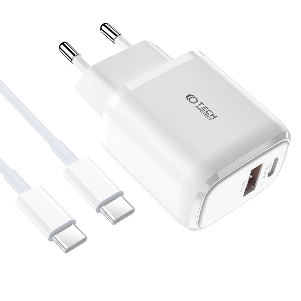 Netzteil Tech-Protect C20W 2-Port Netzwerk-Ladegerät PD 20W QC 3.0 + USB-C Kabel Weiß - 2