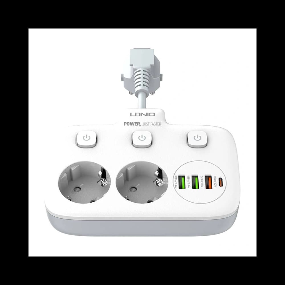 Steckdosenleiste mit 2 AC-Steckdosen, 3x USB, USB-C, LDNIO SE2435, 2500W (weiß) - 4