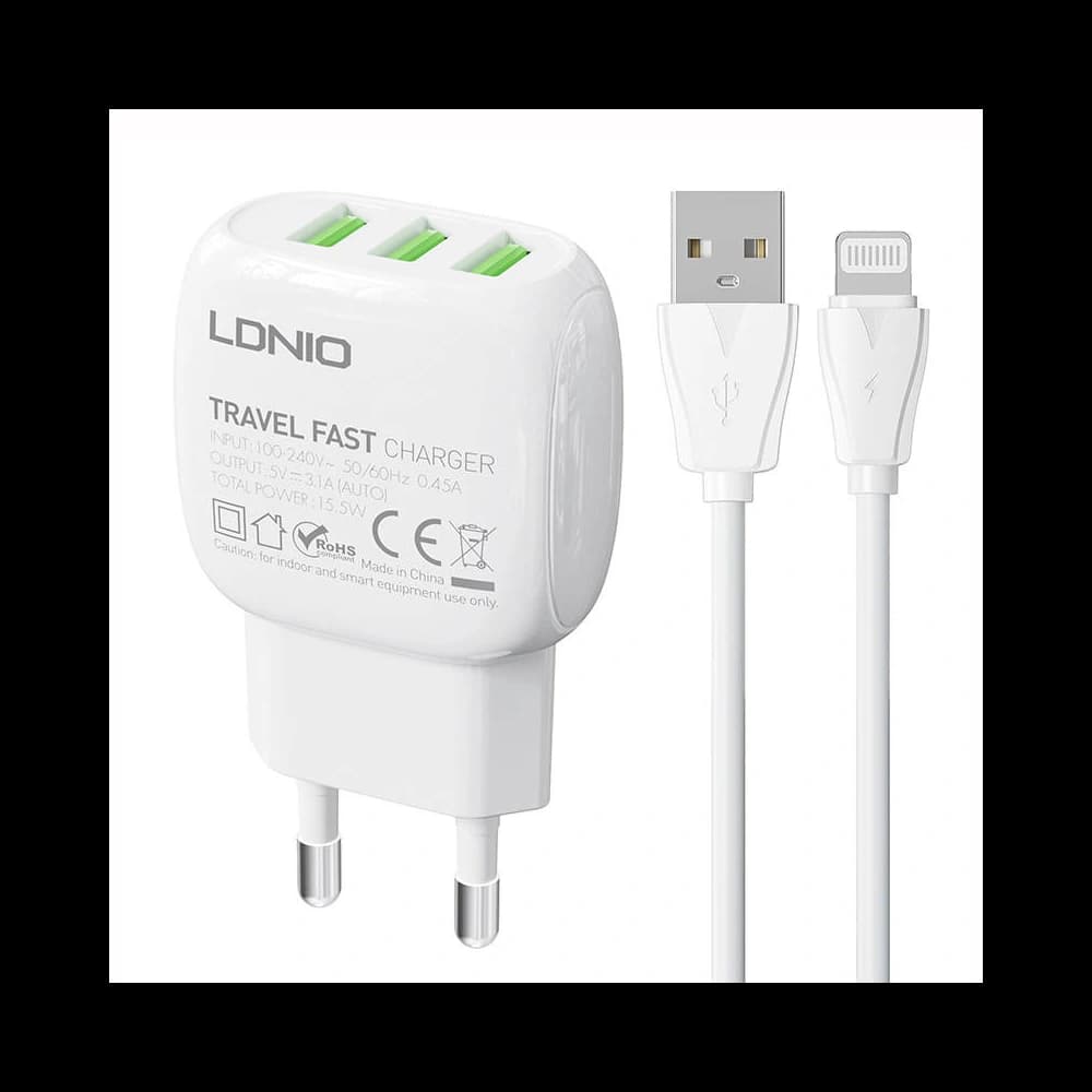 LDNIO A3315 Wall Charger 3xUSB + Lightning cable - 1
