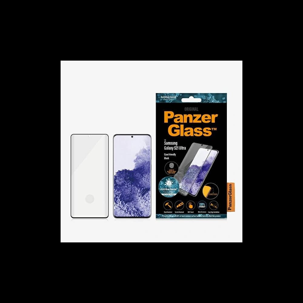 PanzerGlass Samsung Gehärtetes Glas E2E Microfracture Galaxy S21 Ultra Case Friendly Finger Print AntiBacterial schwarz/schwarz - 1