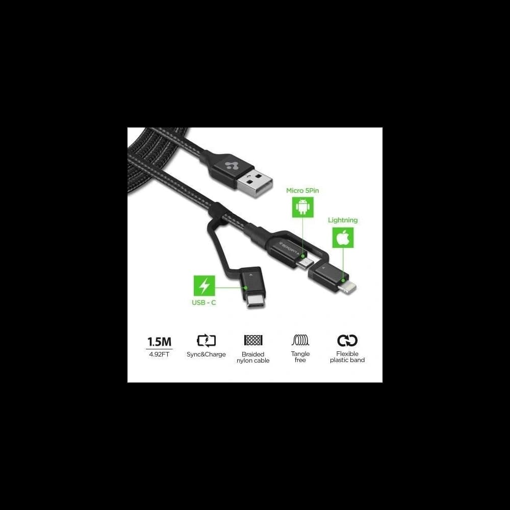 Spigen C10I3 3in1 USB-C & Lightning & microUSB Cable 150cm Black - 2